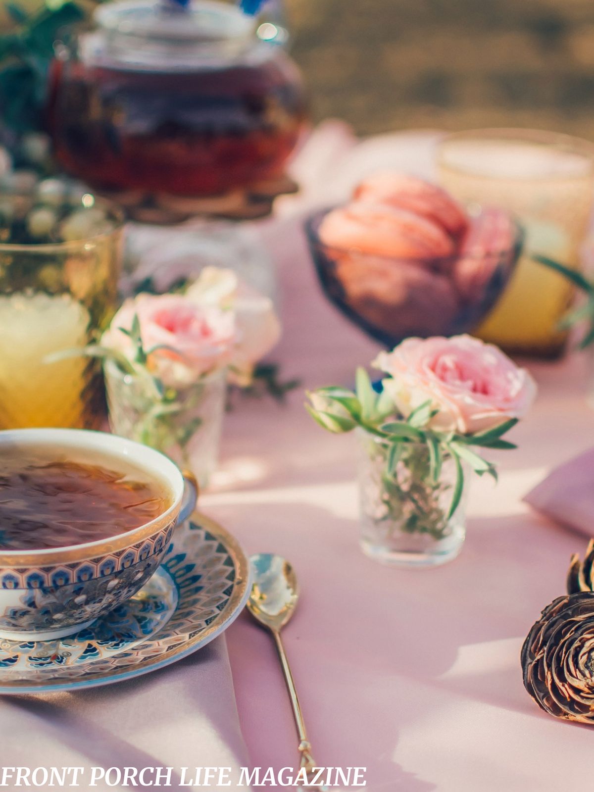 Southern tea party table with desserts and sweet tea