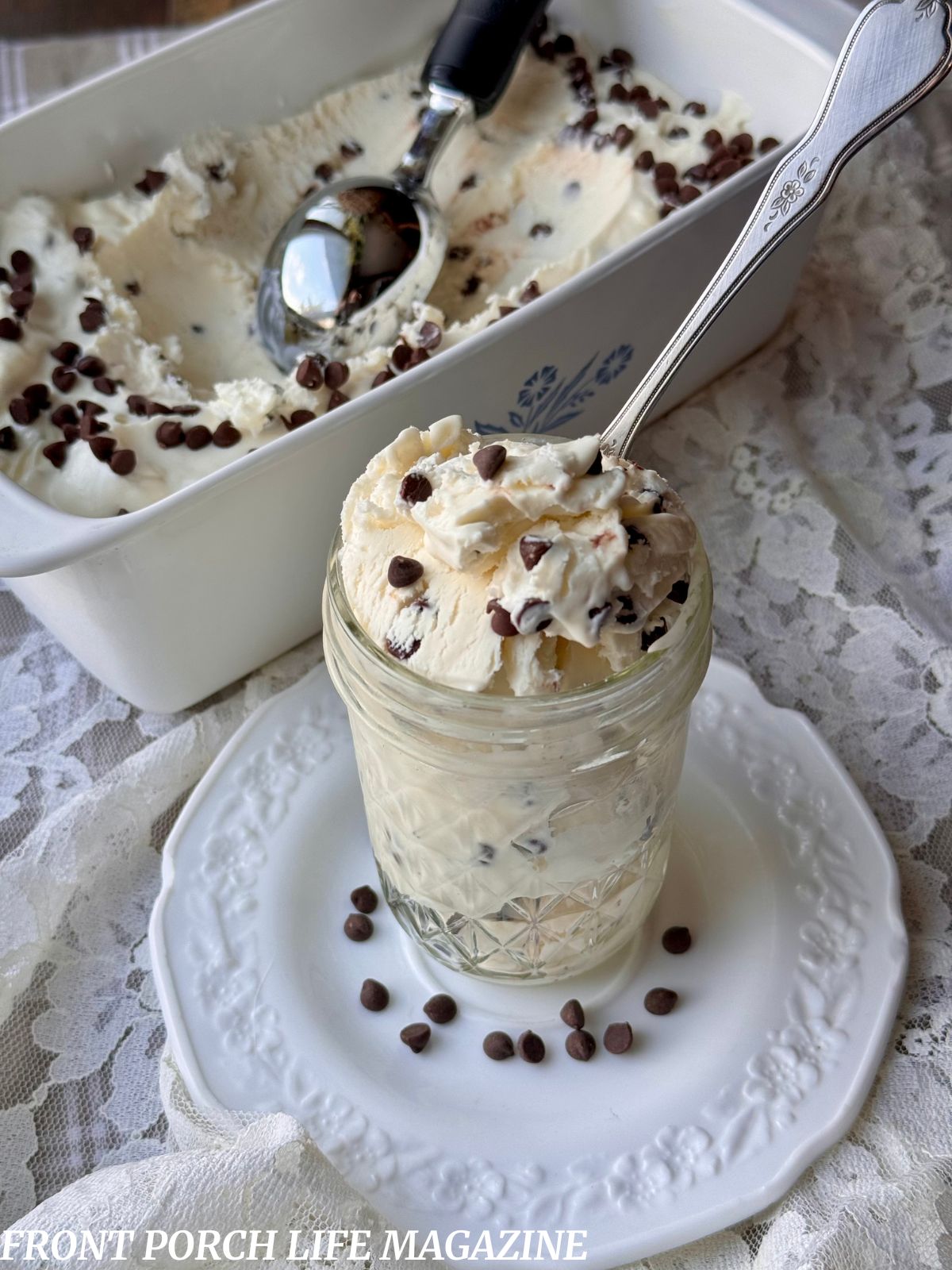 Homemade ice cream in a jar with spoon