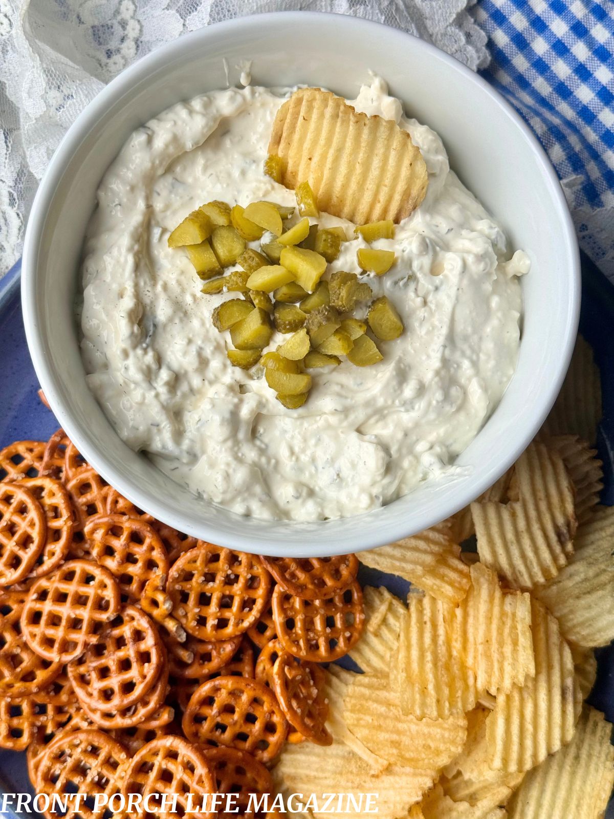 pickle dip served with potato chips