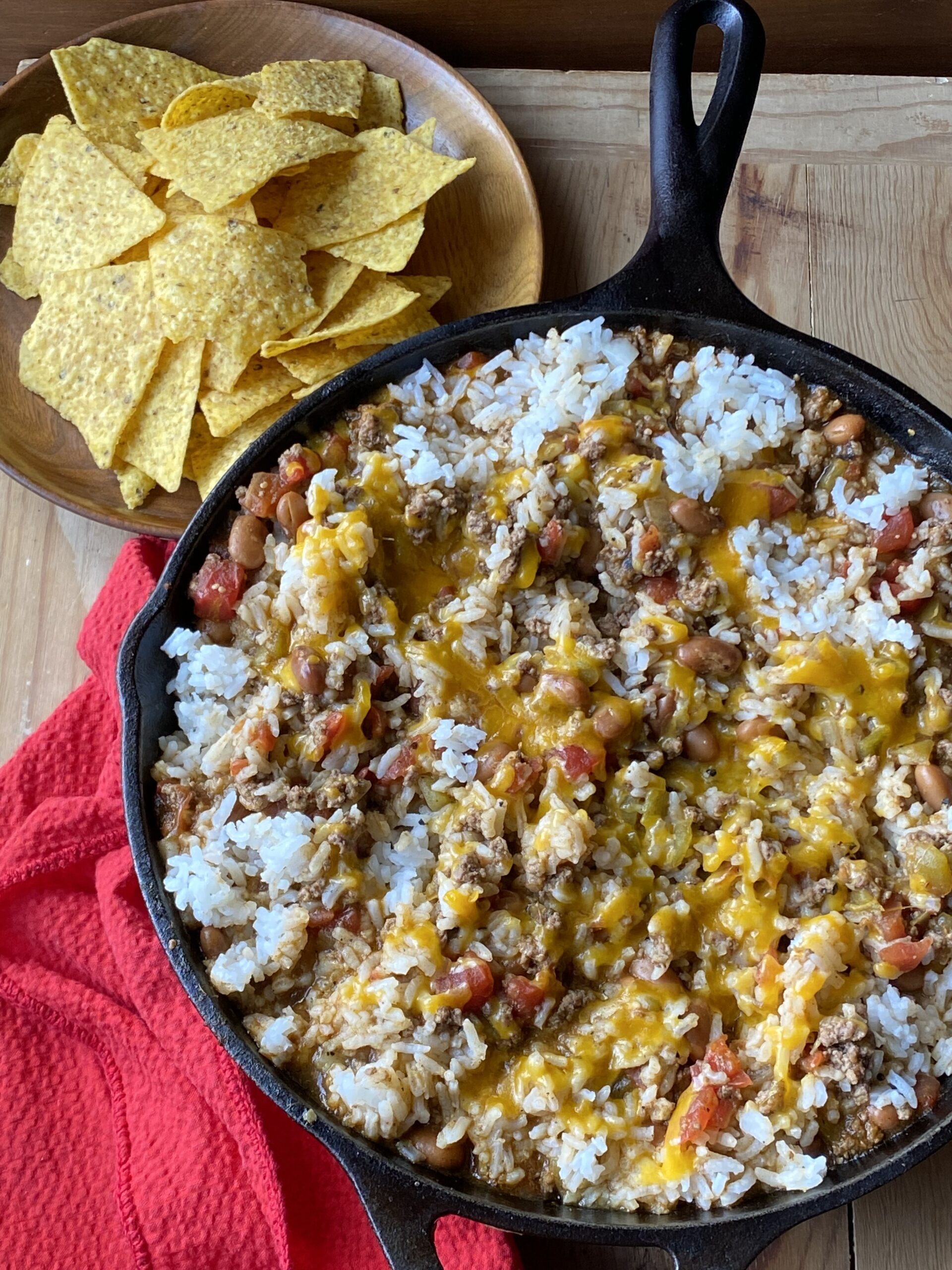 beef and rice dish in a castiron skillet