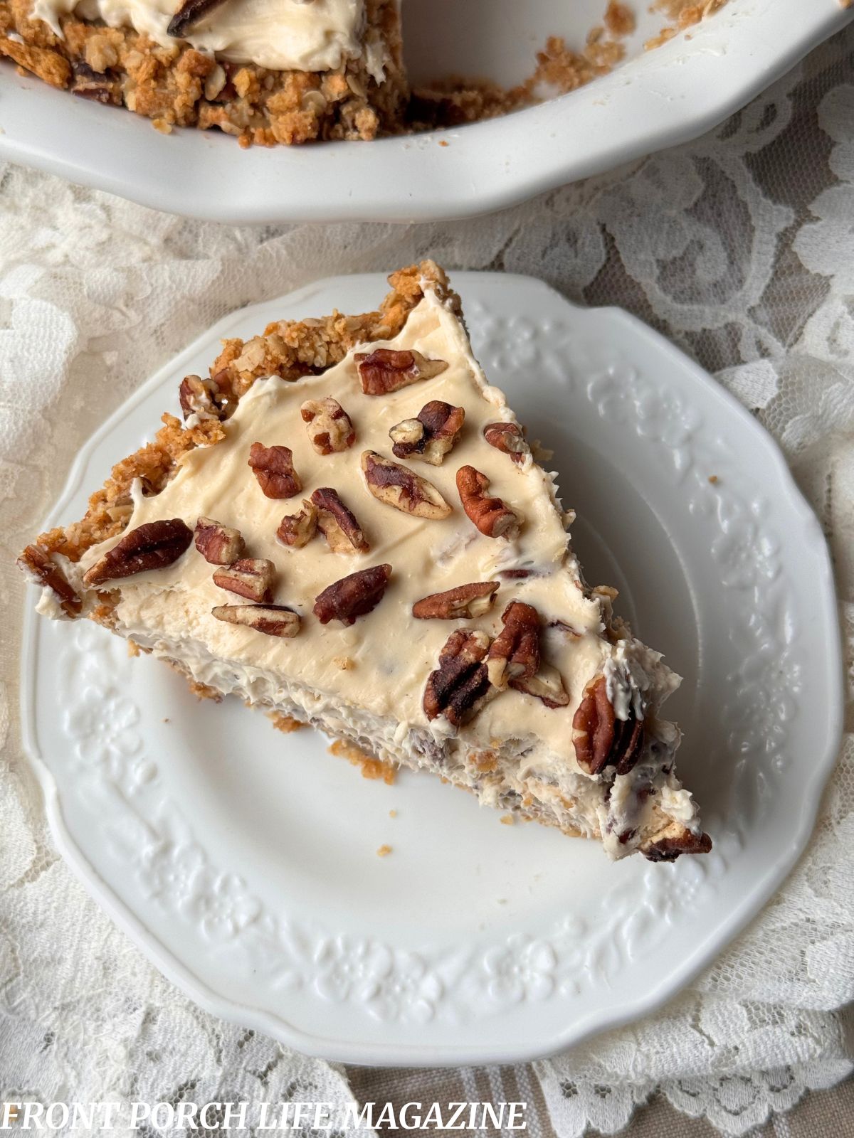 A piece of pie on a white plate