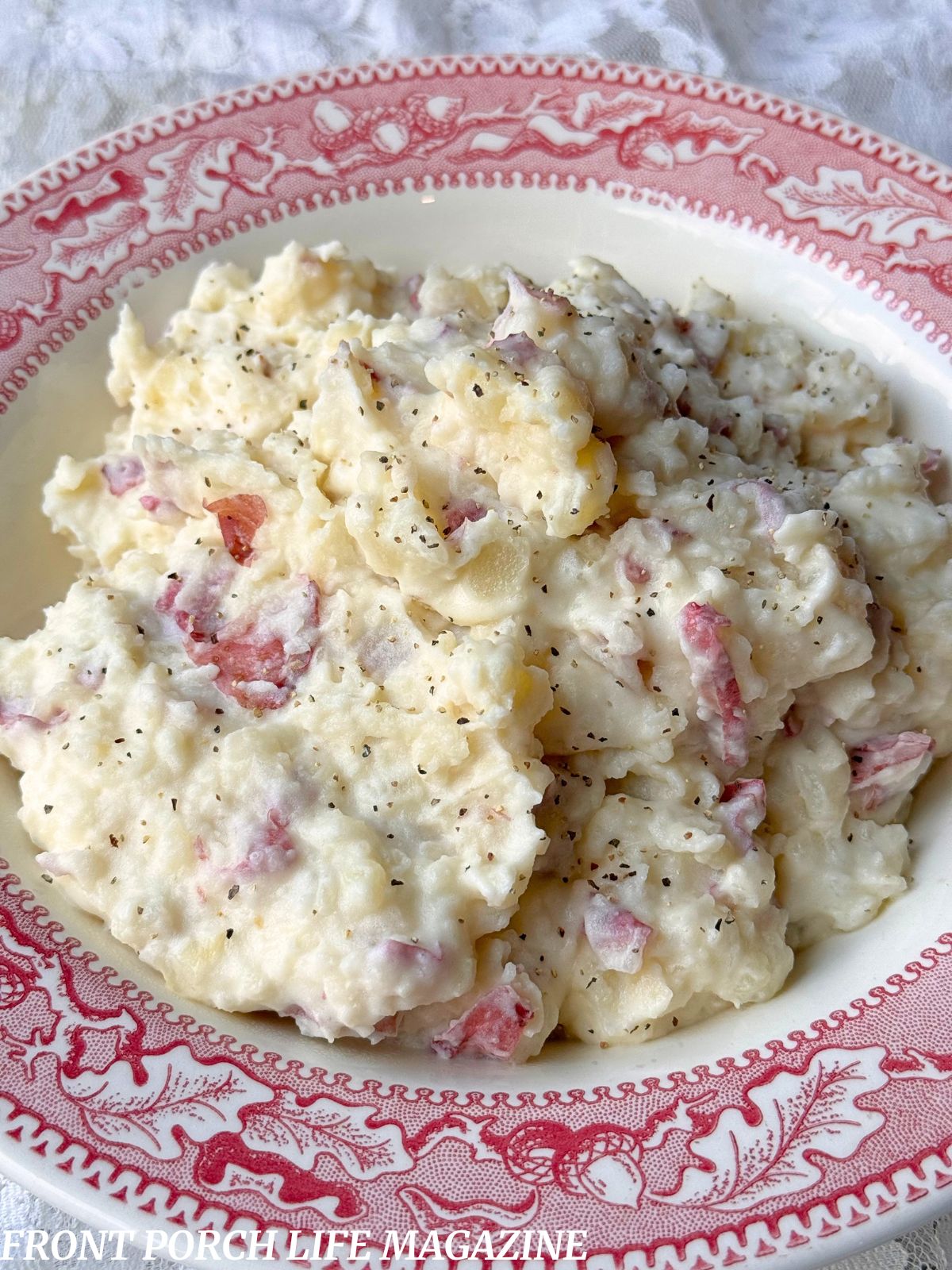 Garlic Mashed Potatoes in a red bowl